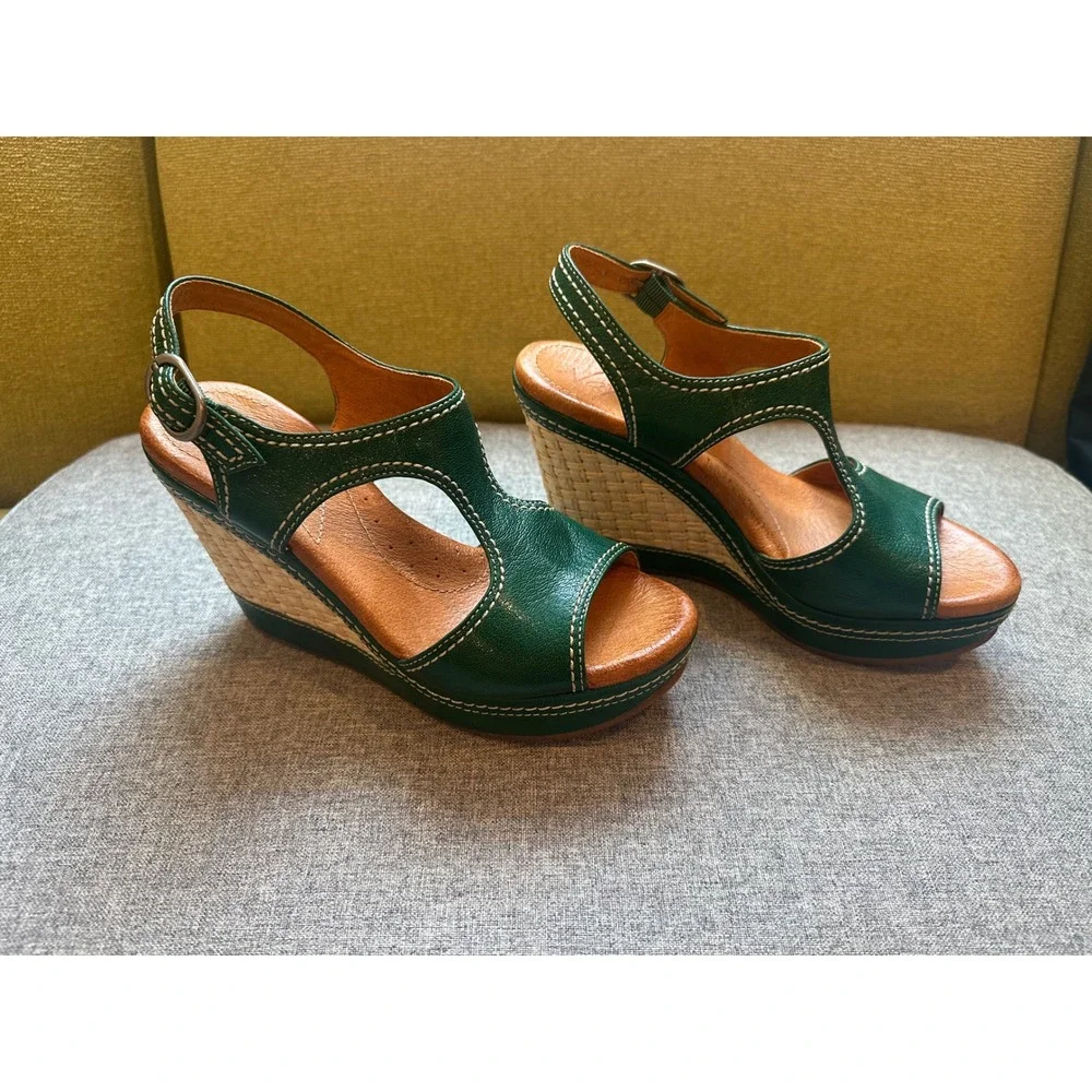 Naya Eternal Green Leather Woven Raffia Wedge Sandals Womens 6M A5277L1300